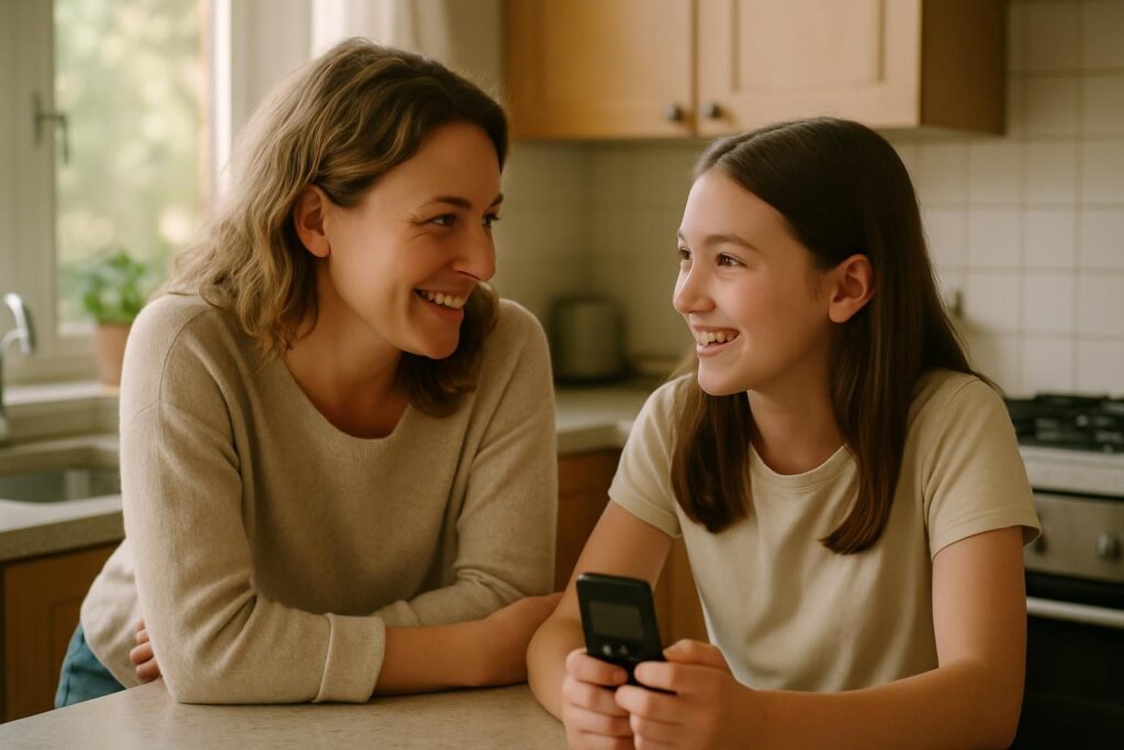 Une mère et sa fille préadolescente discutent du premier téléphone