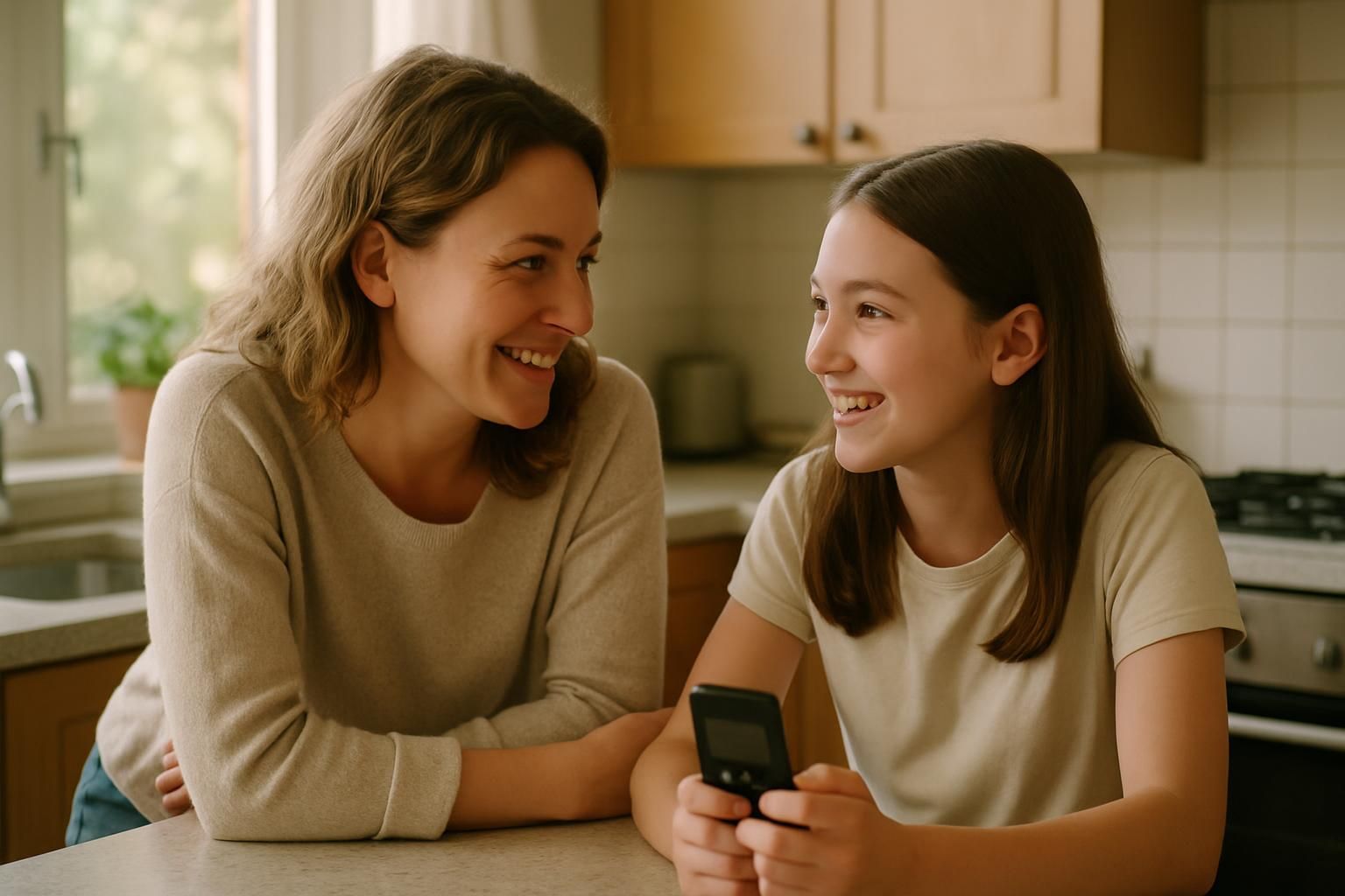 Une mère et sa fille préadolescente discutent du premier téléphone