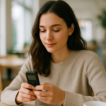 Téléphone minimaliste compatible WhatsApp tenu en main dans un café
