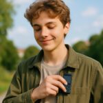 Un adolescent range un téléphone basique sans internet dans sa poche