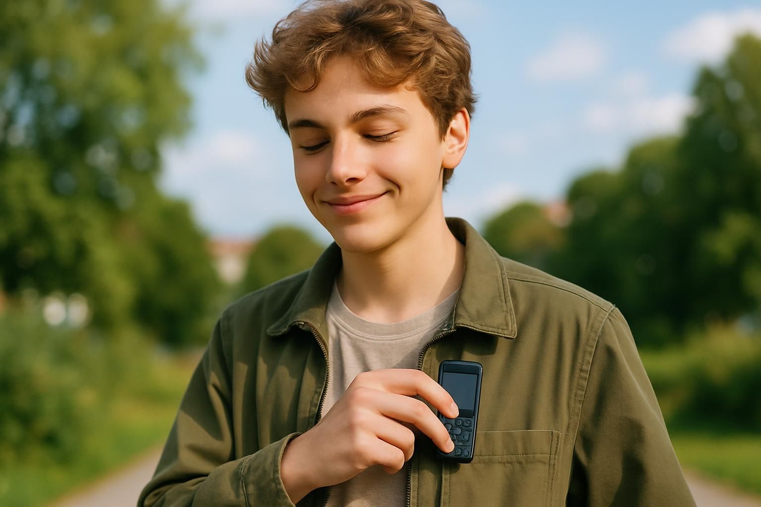 Un adolescent range un téléphone basique sans internet dans sa poche